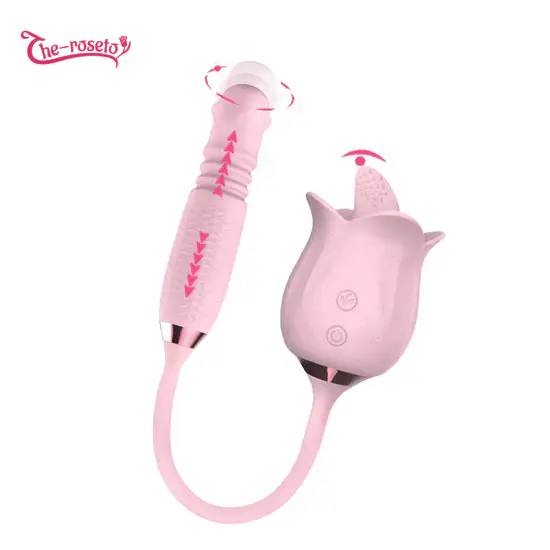 VigorLove - 3-in-1 Blooming Sexy Pink Rose Toy Rotating Pearls Telescopic Tongue-licking Vibrator